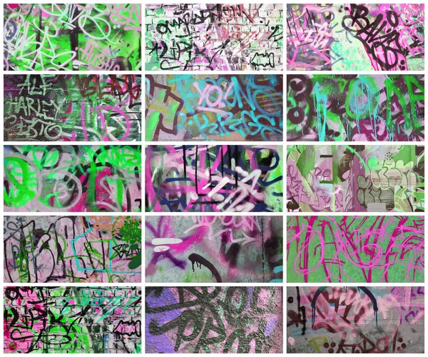 Set Many Small Fragments Tagged Walls Graffiti Vandalism Abstract Background — Stock Photo, Image