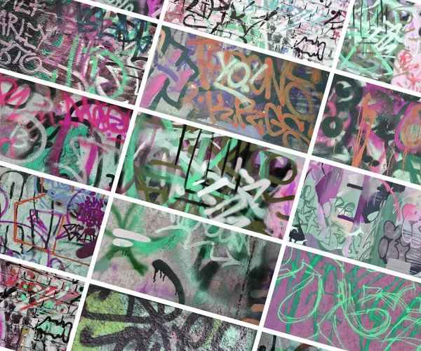 Zestaw Wielu Małych Fragmentów Ścian Oznaczone Graffiti Wandalizmu Tło Abstrakcja — Zdjęcie stockowe