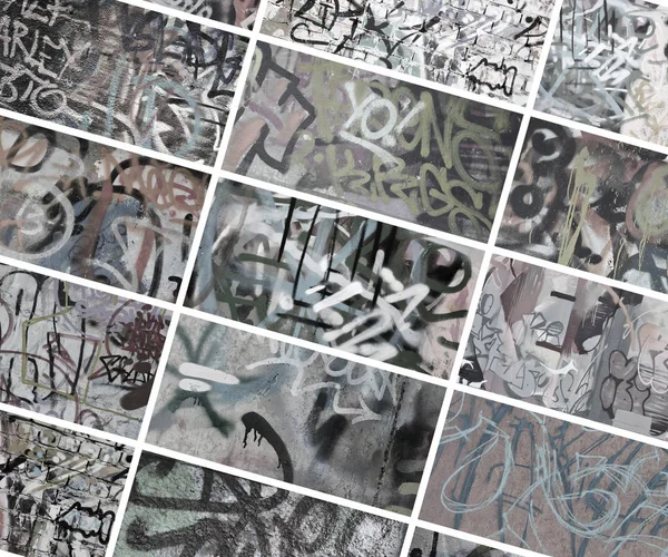 Uppsättning Många Små Fragment Märkta Väggar Graffiti Vandalism Abstrakt Bakgrund — Stockfoto
