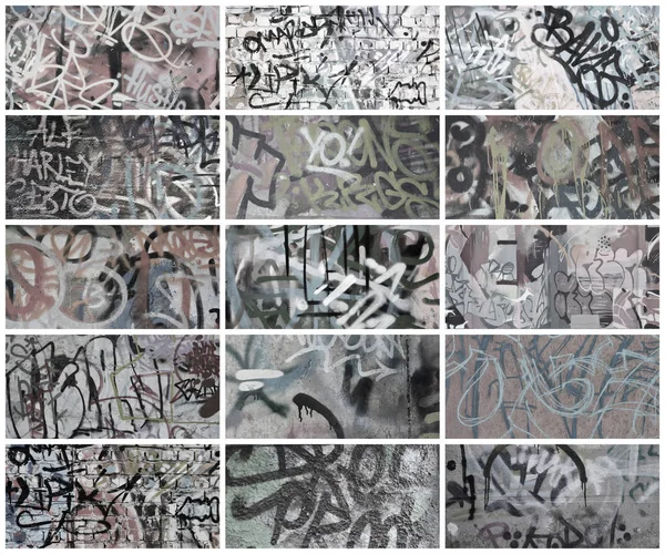 Set Many Small Fragments Tagged Walls Graffiti Vandalism Abstract Background — Stock Photo, Image