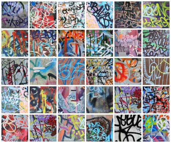 Set Many Small Fragments Tagged Walls Graffiti Vandalism Abstract Background — Stock Photo, Image