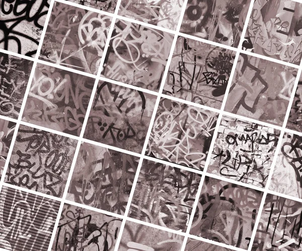 Sada mnoha malých fragmentů tagged zdí. Graffiti vandalis — Stock fotografie