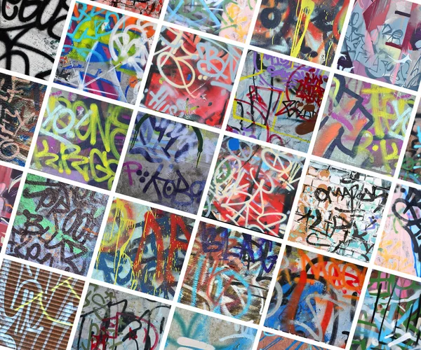 Set Many Small Fragments Tagged Walls Graffiti Vandalism Abstract Background — Stock Photo, Image