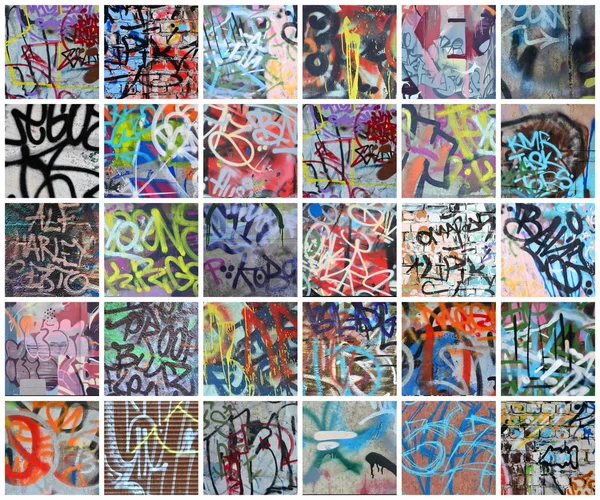 Zestaw Wielu Małych Fragmentów Ścian Oznaczone Graffiti Wandalizmu Tło Abstrakcja — Zdjęcie stockowe
