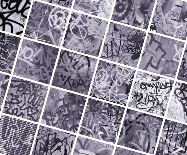 Zestaw Wielu Małych Fragmentów Ścian Oznaczone Graffiti Wandalizmu Tło Abstrakcja — Zdjęcie stockowe