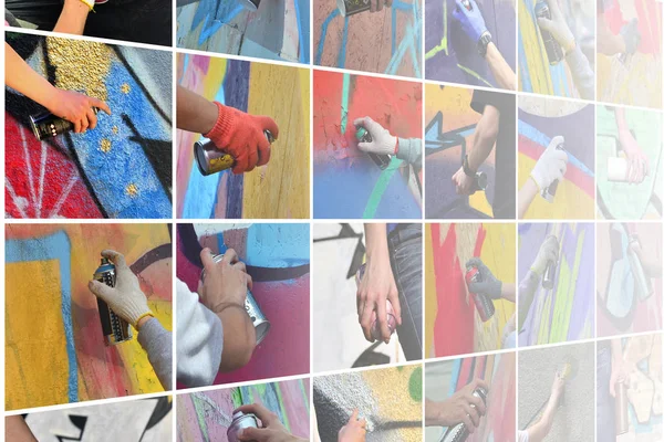A set of many small images of hands with paint cans in the proce — Stock Photo, Image