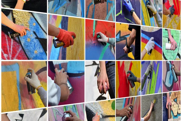 Set Many Small Images Hands Paint Cans Process Drawing Graffiti — Stock Photo, Image