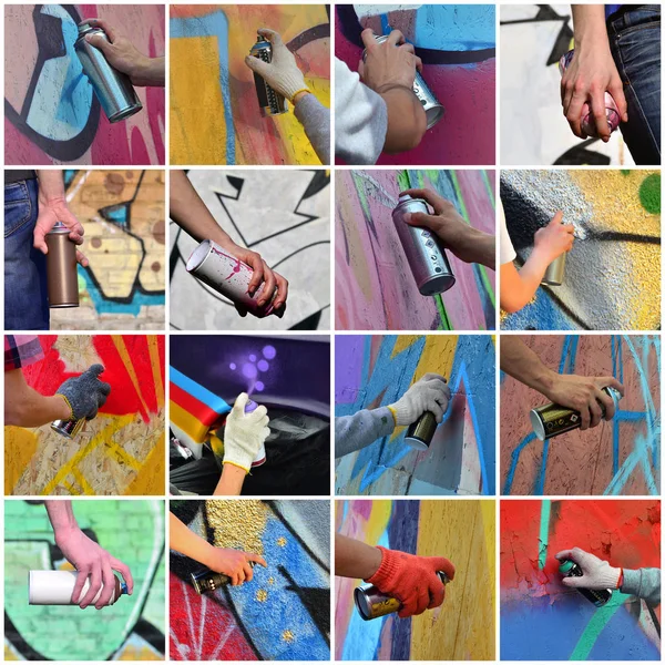 Un conjunto de muchas imágenes pequeñas de manos con latas de pintura en el procedimiento — Foto de Stock