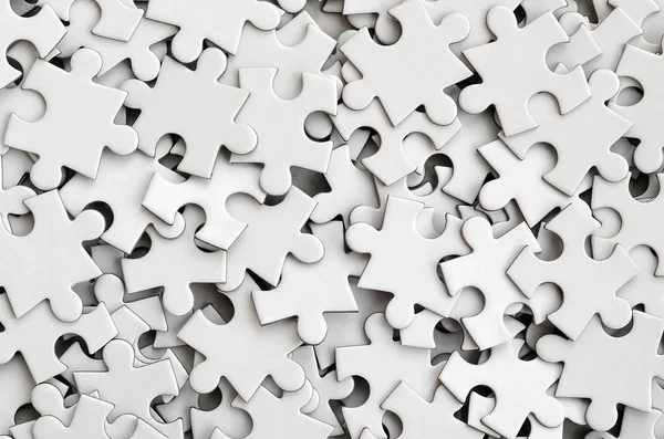 Close Pile Uncompleted Elements White Puzzle Huge Number Rectangular Pieces — Stock Photo, Image