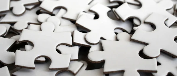 Close Pile Uncompleted Elements White Puzzle Huge Number Rectangular Pieces — Stock Photo, Image