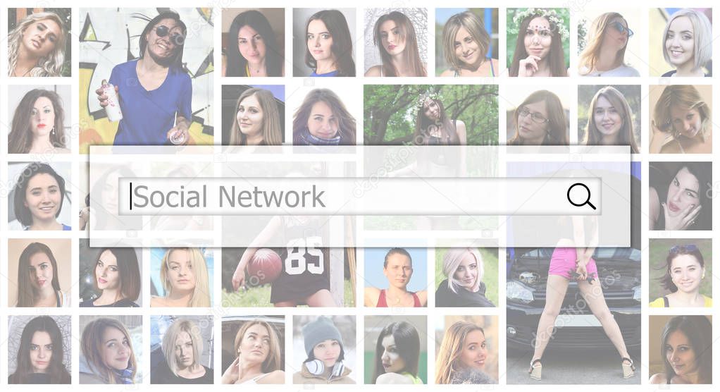 Social network. The text is displayed in the search box on the background of a collage of many square female portraits. The concept of service for dating
