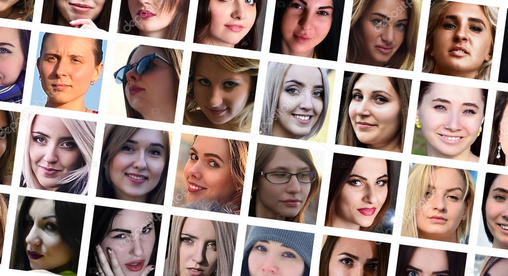 Collage group portraits of young caucasian girls for social media network. Set of square female avatar isolated on a white background