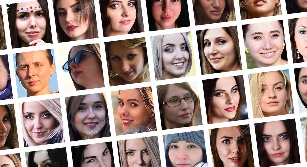 Collage group portraits of young caucasian girls for social media network. Set of square female avatar isolated on a white background