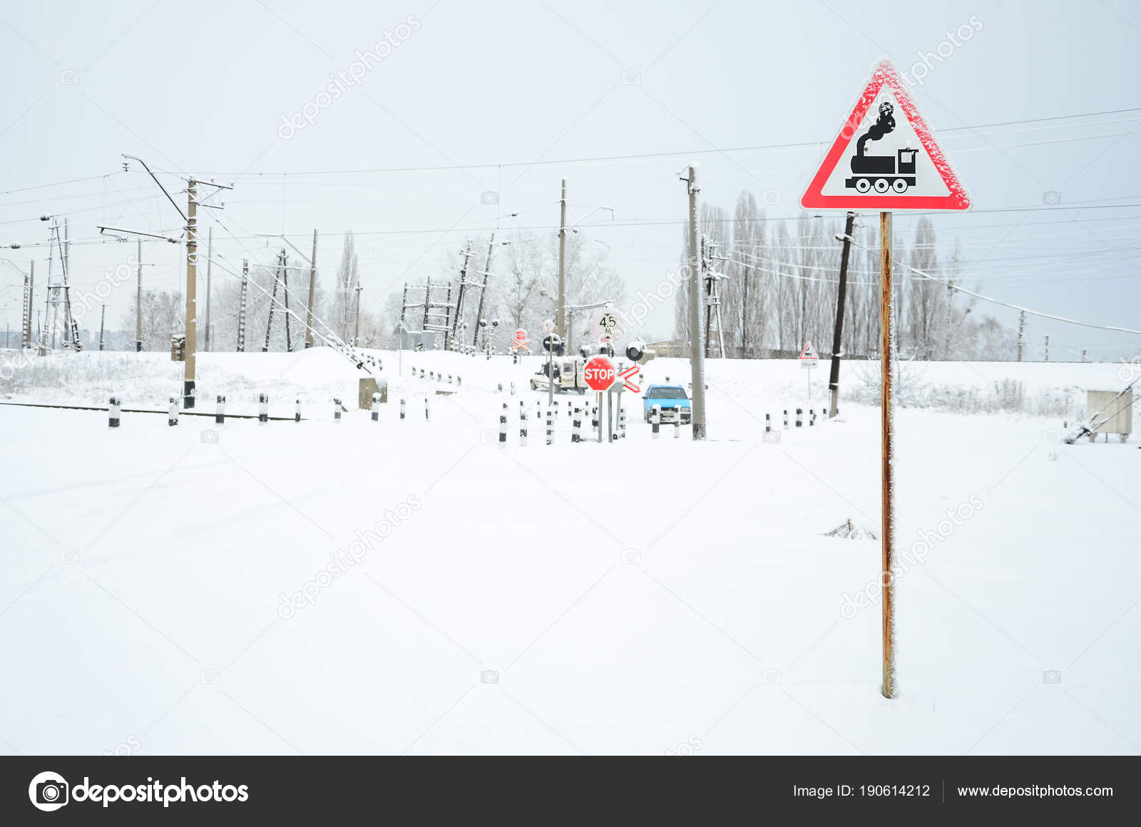 Railway Crossing Barrier Lot Warning Signs Snowy Winter Season Stock Photo By C Mehaniq