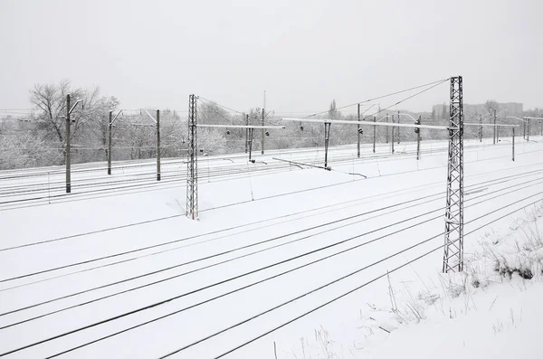 Winter Railway Landscape Railway Tracks Snow Covered Industrial Country — Stock Photo, Image