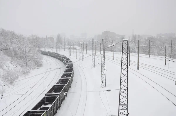 Long Train Freight Cars Moving Railroad Track Railway Landscape Winter — Stock Photo, Image