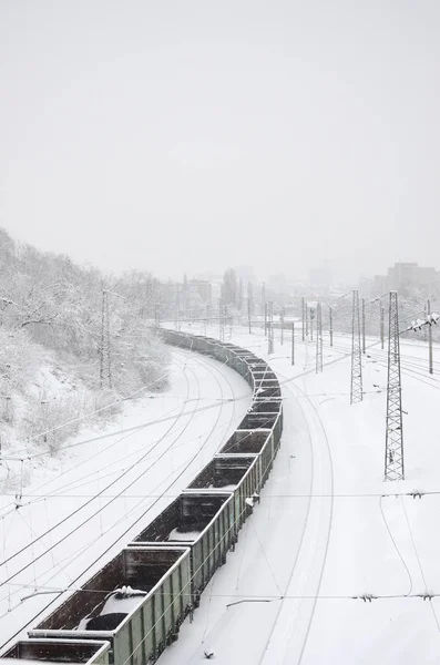 Long Train Freight Cars Moving Railroad Track Railway Landscape Winter — Stock Photo, Image