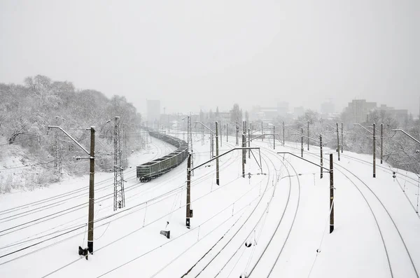 Long Train Freight Cars Moving Railroad Track Railway Landscape Winter — Stock Photo, Image