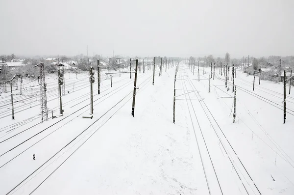 Winter Railway Landscape Railway Tracks Snow Covered Industrial Country — Stock Photo, Image