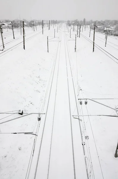 Winter Railway Landscape Railway Tracks Snow Covered Industrial Country — Stock Photo, Image