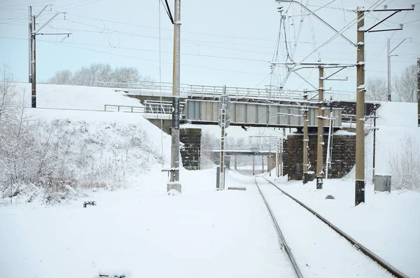 Winter Railway Landscape Railway Tracks Snow Covered Industrial Country — Stock Photo, Image