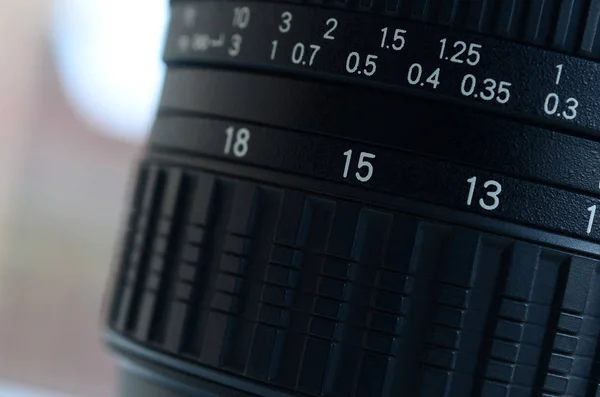 Fragment of a wide angle zoom lens for a modern SLR camera. The set of distance values is indicated by white numbers on the black body