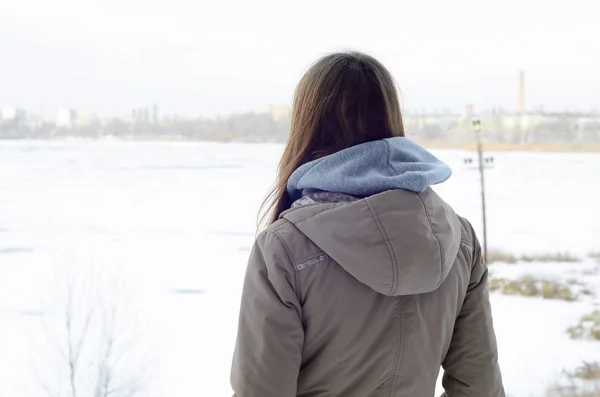 Young Caucasian Girl Brown Coat Staring Distance Horizon Line Sky — Stock Photo, Image