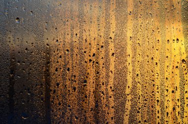 Buğulu cam damlar şafakta güneş ışığına karşı yoğunlaşma ve bir çok damla doku. Arka plan resmi