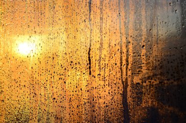 Buğulu cam damlar şafakta güneş ışığına karşı yoğunlaşma ve bir çok damla doku. Arka plan resmi