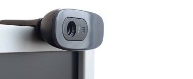 Modern web kamera düz ekran monitör vücudunda yüklenir. Video iletişim ve yüksek kaliteli video kayıt aygıtı