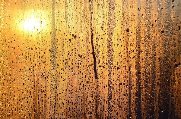 Buğulu Cam Damlar Şafakta Güneş Işığına Karşı Yoğunlaşma Bir Çok — Stok fotoğraf