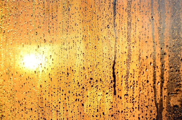 Texture Misted Glass Lot Drops Drips Condensation Sunlight Dawn Background — Stock Photo, Image