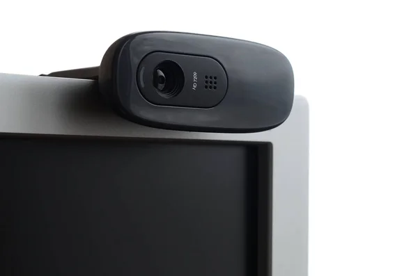 Uma Câmera Web Moderna Instalada Corpo Monitor Tela Plana Dispositivo — Fotografia de Stock