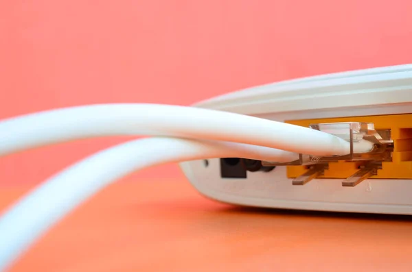 Internet Cable Plugs Connected Internet Router Which Lies Bright Orange — Stock Photo, Image