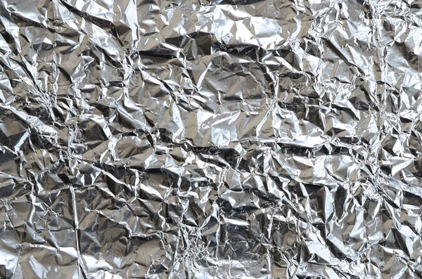 Skrynkliga Tunnplåt Krossade Tin Aluminium Silver Folie Bakgrund Med Blank — Stockfoto