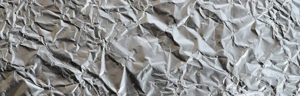 Skrynkliga Tunnplåt Krossade Tin Aluminium Silver Folie Bakgrund Med Blank — Stockfoto