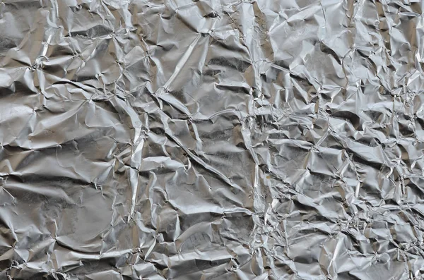 Thin Wrinkled Sheet Crushed Tin Aluminum Silver Foil Background Shiny — Stock Photo, Image