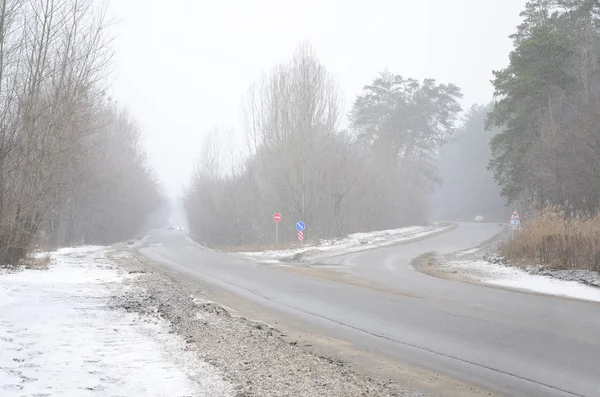 Skrzyżowanie Podmiejskich Asfaltowa Droga Zimie Podczas Zamieci — Zdjęcie stockowe