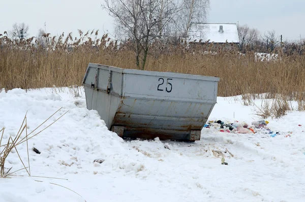 Papelera Lado Calle Invierno Con Contenedor Basura Labial Nieve Invierno — Foto de Stock