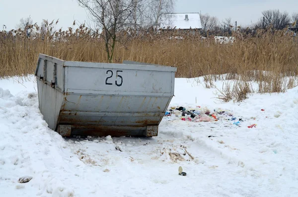 Papelera Lado Calle Invierno Con Contenedor Basura Labial Nieve Invierno — Foto de Stock