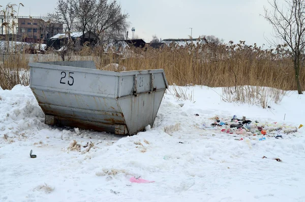 Papelera Lado Calle Invierno Con Contenedor Basura Labial Nieve Invierno — Foto de Stock