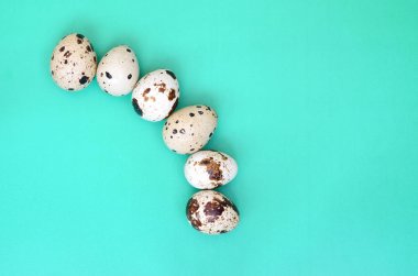 Bıldırcın yumurta bir ışık yeşil yüzey, üstten görünüm, metin, boş yer tarifi