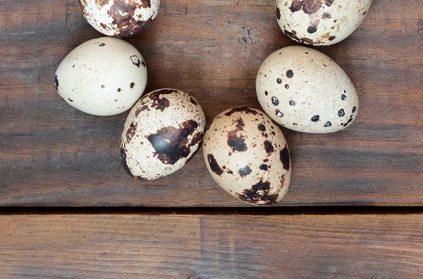 Quail Eggs Dark Brown Wooden Surface Top View Empty Place — Stock Photo, Image