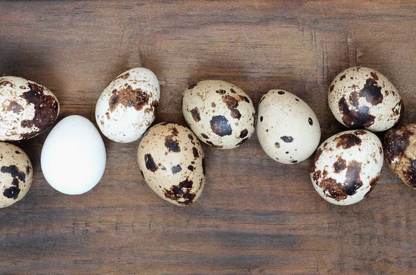 Quail Eggs Dark Brown Wooden Surface Top View Empty Place — Stock Photo, Image