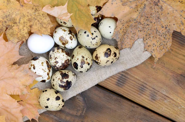 Vaktelägg Med Höstlöv Säckväv Mörk Brun Trä Yta Ovanifrån Tom — Stockfoto