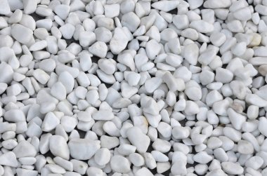 A lot of round and oval stones of white color lie on the ground in the garden clipart