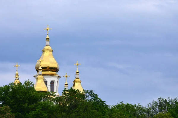 Cúpulas Doradas Una Iglesia Ortodoxa Entre Árboles Flor Sobre Fondo — Foto de Stock