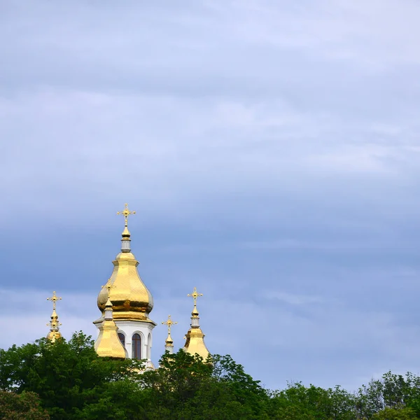 Cúpulas Doradas Una Iglesia Ortodoxa Entre Árboles Flor Sobre Fondo — Foto de Stock