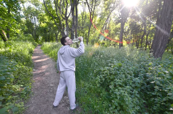 A young guy in a gray sports suit drinks water from a bottle among the trees in the forest. Recreation during a sports run in the open air forest