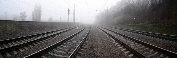 Railway Track Misty Morning Lot Rails Sleepers Misty Horizon Fisheye — Stock Photo, Image